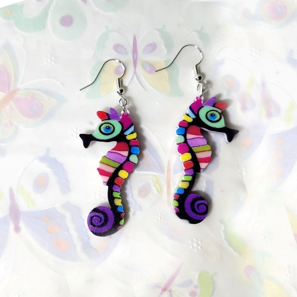 Rainbow Bright Colorful Seahorse Acrylic Novelty Statement Earrings